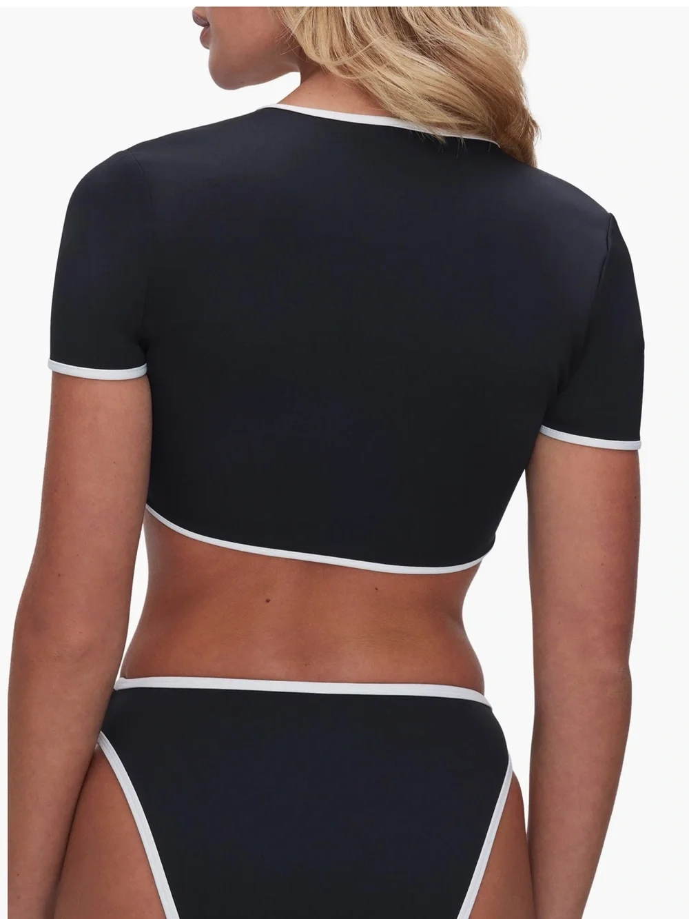 Good American Black Bikini Top with White Trim and Tie Front